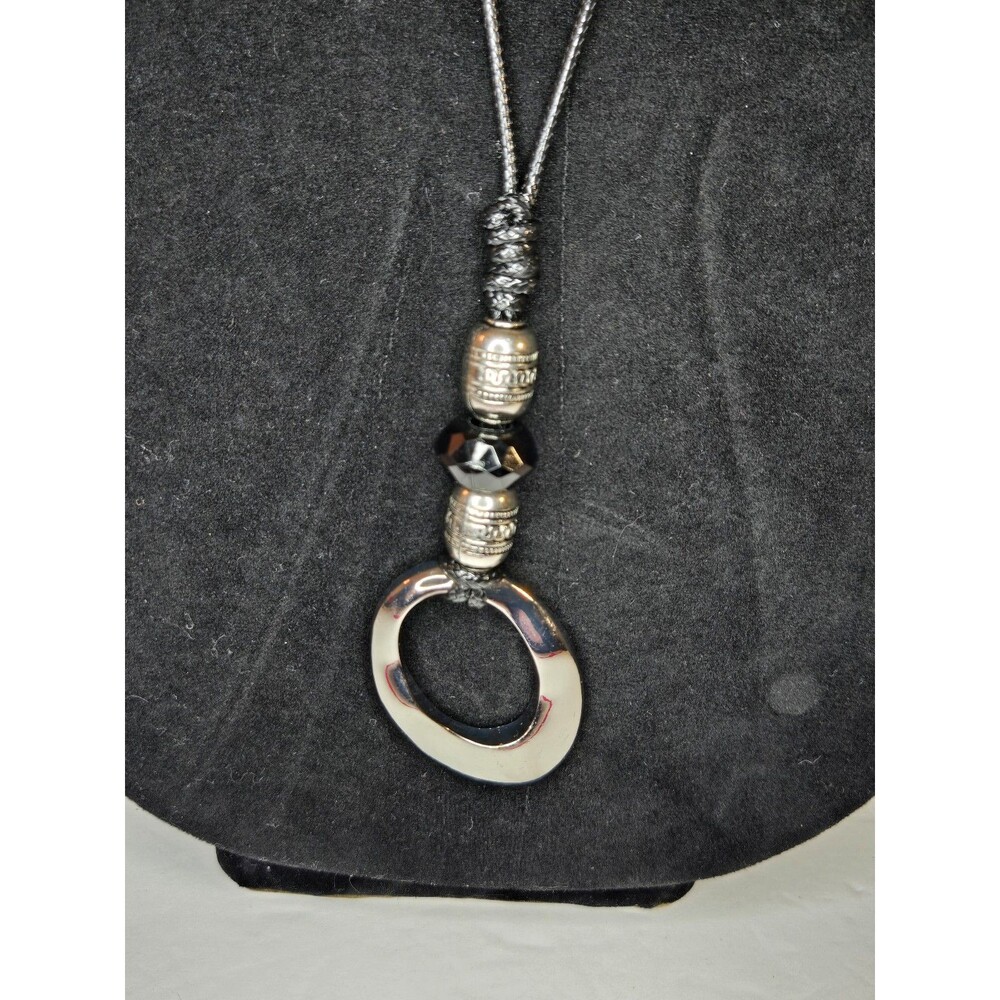 Silver Tone Necklace on Black Cord Long Pendant Circular  Beads Lobster Clasp